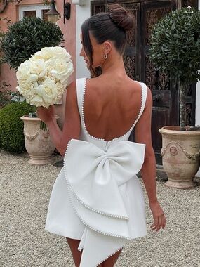 White Baby boo-Trim Mini Dress with Statement Bow
